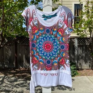 Desigual Colorful Short Sleeve Printed White Top Size Medium